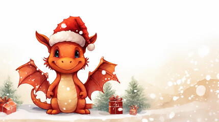 Cute red dragon with christmas tree on white background, space for text, Merry christmas card. Winter holiday theme. Happy New Year, generative AI