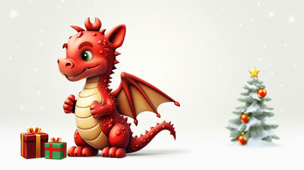 Obraz na płótnie Canvas Cute red dragon with christmas tree on white background, space for text, generative AI