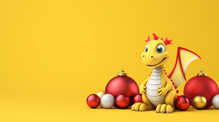 Cute dragon with christmas baubles on yellow background, space for text, generative AI