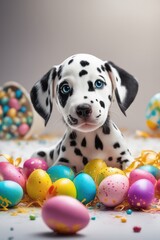 Dalmatian puppy sitting in a pile of colorful Easter eggs