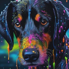 A face of dog with colorful paint splatters on it