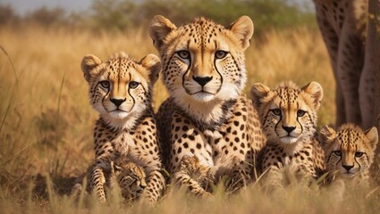mother cheetah and her cubs in the savannah.in nature