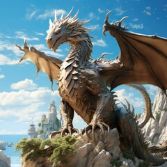 A golden dragon above the beach in the daytime, depicted with large wings and scaly skin. Its...