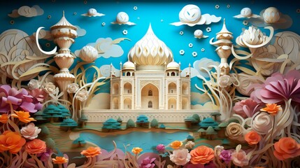 Obraz na płótnie Canvas Taj Mahal Paper quilling landscape illustration 
