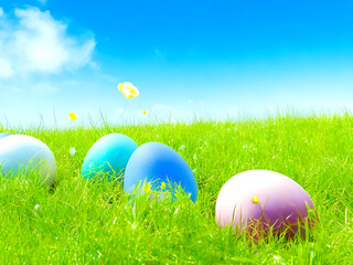Colorful Easter Eggs with grass and sky ,