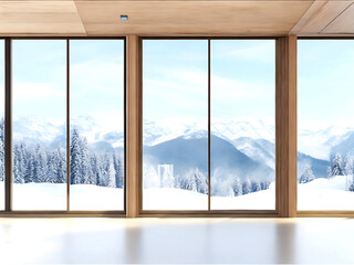 Modern style empty room with winter view. There are wood floor, gray wall, The room has large windows. Looking out to see the view of mountain and snow. 3d Rendering