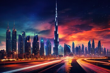 Fototapeta na wymiar Skyline von Dubai am Abend mit Wasser-Spieglung