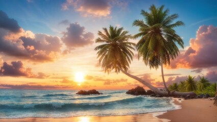 Fototapeta na wymiar beautiful outdoor nature with sky and sunset or sunrise around coconut palm tree.