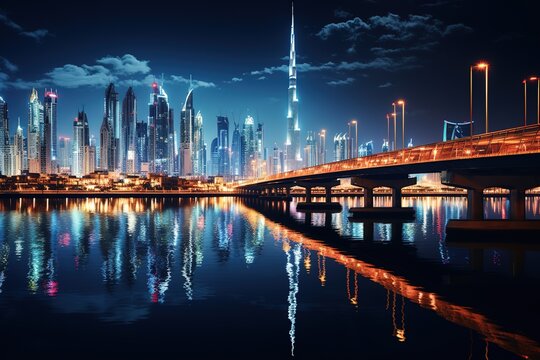 A panoramic view of the Dubai city skyline at night -