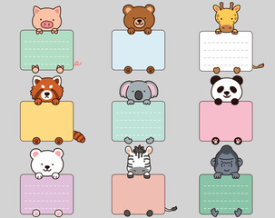 Set of outlined cute and simple animals holding a rectangle note cards with hind legs