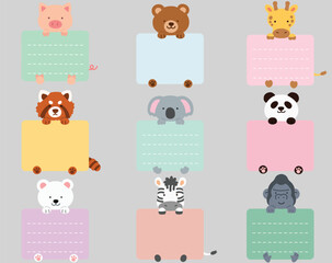 Set of flat colored cute and simple animals holding a rectangle note cards with hind legs