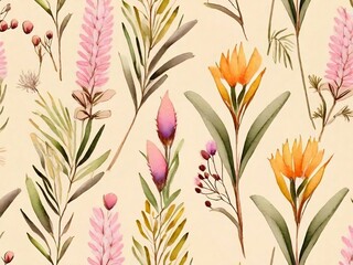 cute seamless vector multi color flowers with brown leaves pattern on background