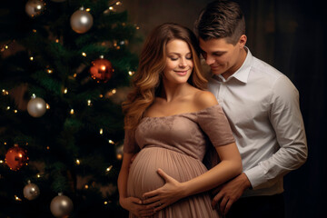 Christmas Expectations: A Couple Anticipating Parenthood, Posing with a Christmas Tree in the Background as They Await the Arrival of Their Baby.

