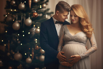 Fototapeta premium Christmas Expectations: A Couple Anticipating Parenthood, Posing with a Christmas Tree in the Background as They Await the Arrival of Their Baby.