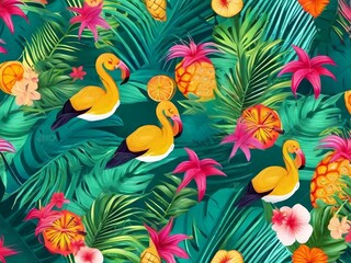 Obraz na płótnie Canvas Vector seamless pattern Colorful egret leaves and tropical flowers on green background.