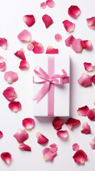 Valentine's Day white background with pink petals rose with gift box top view lay flat