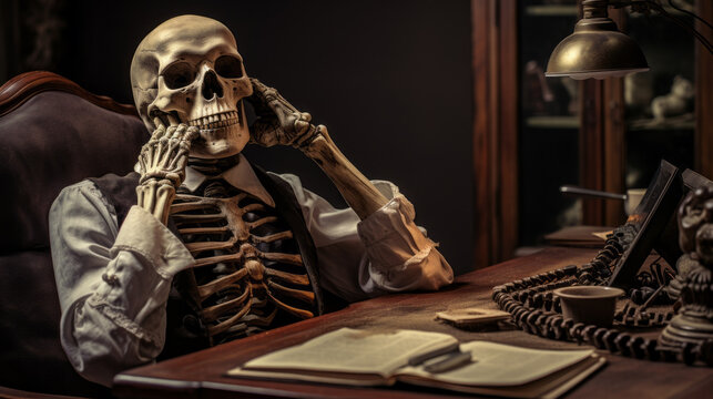 A skeleton businessman. Talking on a cellphone. Mobile phone. Bad customer service. Waiting in queue. Long meeting. Bored to death. Listening to hold music. Corporate hell.