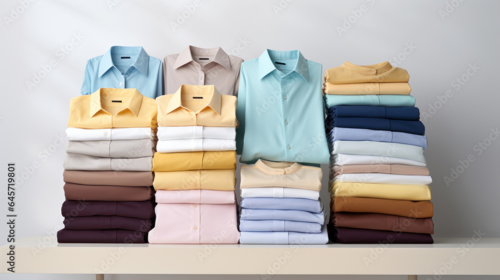 Aufkleber folded clothes in stacks of various simple colors placed on a table on a white background