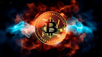 Golden bitcoin coin in fire flame, and lightning. Bitcoin Gold blockchain hard fork concept. Cryptocurrency symbol