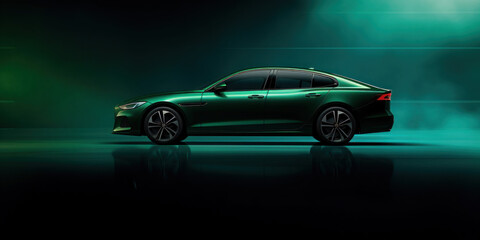 Minimal copy space, edge of green car, close up bokeh photoshoot for dark background product advertising