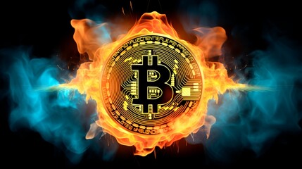 Golden bitcoin coin in fire flame, and lightning. Bitcoin Gold blockchain hard fork concept. Cryptocurrency symbol