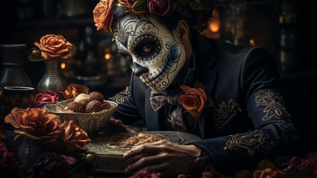 Día de Muertos. A man with a painted skeleton face. La Calavera. Wearing a suit. Horror. Halloween. Creepy. Scary. Ominous. Shallow depth of field. Flowers. Wearing a hat. Sugar skull. 

