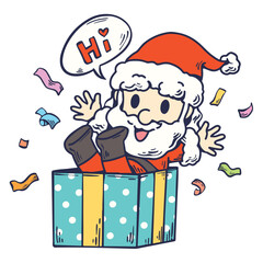 Cartoon illustration of Santa Claus in a gift box. These cute cartoon file are perfect for T-shirts, phone cases, bags, mugs, stickers, tumblers.