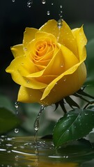 Radiant Solitude - A Yellow Rose Adorned with Glistening Water Droplets