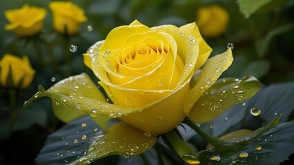 Capturing the Essence of Botanical Beauty A Mesmerizing Yellow Rose Adorned with Glistening Dewdrops