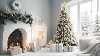 Charming Christmas - Festive Tree, Cozy Fireplace, and Presents in a Delightful House