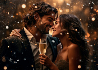New Year's Romance: A Young Happy Couple Celebrating New Year with Champagne, Intimacy, and Loving Glances.

