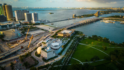 Miami Downtown beach aerial view of kaseya center main avenue highway bridge ocean drive traffic...