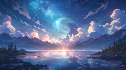 A mystical moonlit night with a sparkling starry sky and an enchanting aurora borealis manga cartoon style - obrazy, fototapety, plakaty