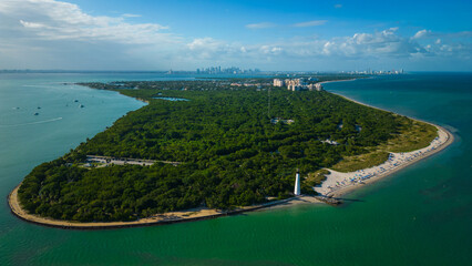 Fototapeta premium aerial high angle of Cape Florida Llighthouse south end of Key Biscayne in Miami Dade County, Florida USA