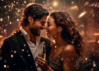 New Year's Romance: A Young Happy Couple Celebrating New Year with Champagne, Intimacy, and Loving Glances.