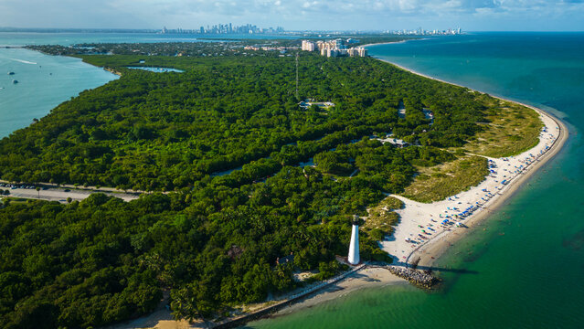 aerial high angle of  Cape Florida Llighthouse  south end of Key Biscayne in Miami Dade County, Florida USA