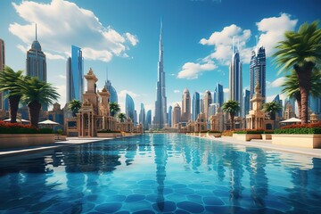 Cityscape with beautiful park with palm trees in Dubai, UAE - obrazy, fototapety, plakaty