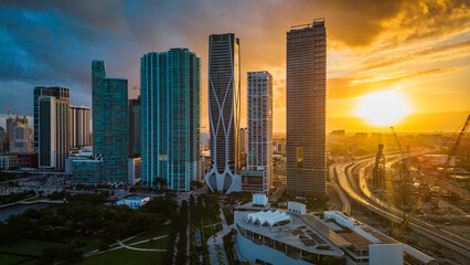 SEPTEMBER 2023 MIAMI FLORIDA USA aerial sunset miami downtown skyline cityscape 