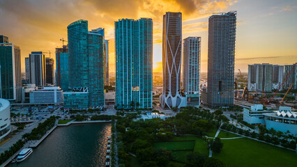 Fototapeta premium Vibrant Sunset Skyline, Aerial Drone Above Miami Downtown Skyscrapers Aerial Panoramic Modern City Architecture