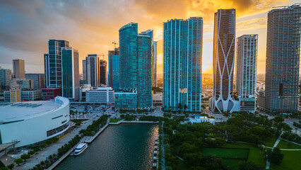 Fototapeta premium Miami downtown Florida Aerial drone cityscape skyline at sunset Bayfront park 