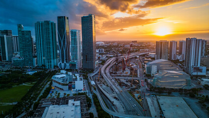 Aerial Miami downtown skyline at sunset 