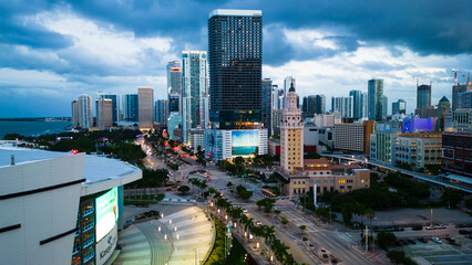Miami modern skyline cityscape at sunset 