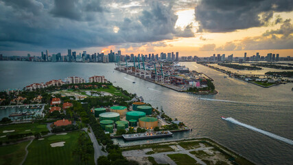 Obraz premium Aerial of Miami downtown skyline view from port and miami south beach florida drone photography at sunset 