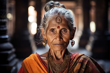 Obraz premium Close-up portrait of an elder Indian woman. A beautiful elder woman in a traditional Hindu dress and jewelry looking at camera.