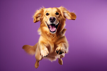 Happy Golden Retriever dog jumping on purple background