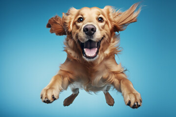 Happy Golden Retriever dog jumping on blue background