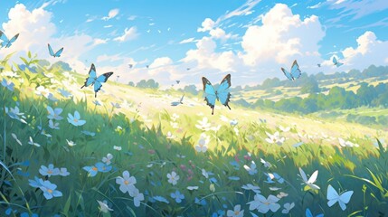 A peaceful meadow with colorful wildflowers and butterflies fluttering around manga cartoon style - obrazy, fototapety, plakaty