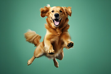Happy Golden Retriever dog jumping on green background