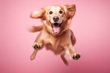 Happy Golden Retriever dog jumping on pink background