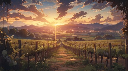 A picturesque vineyard with rows of grapevines and a beautiful sunset in the background manga cartoon style - obrazy, fototapety, plakaty